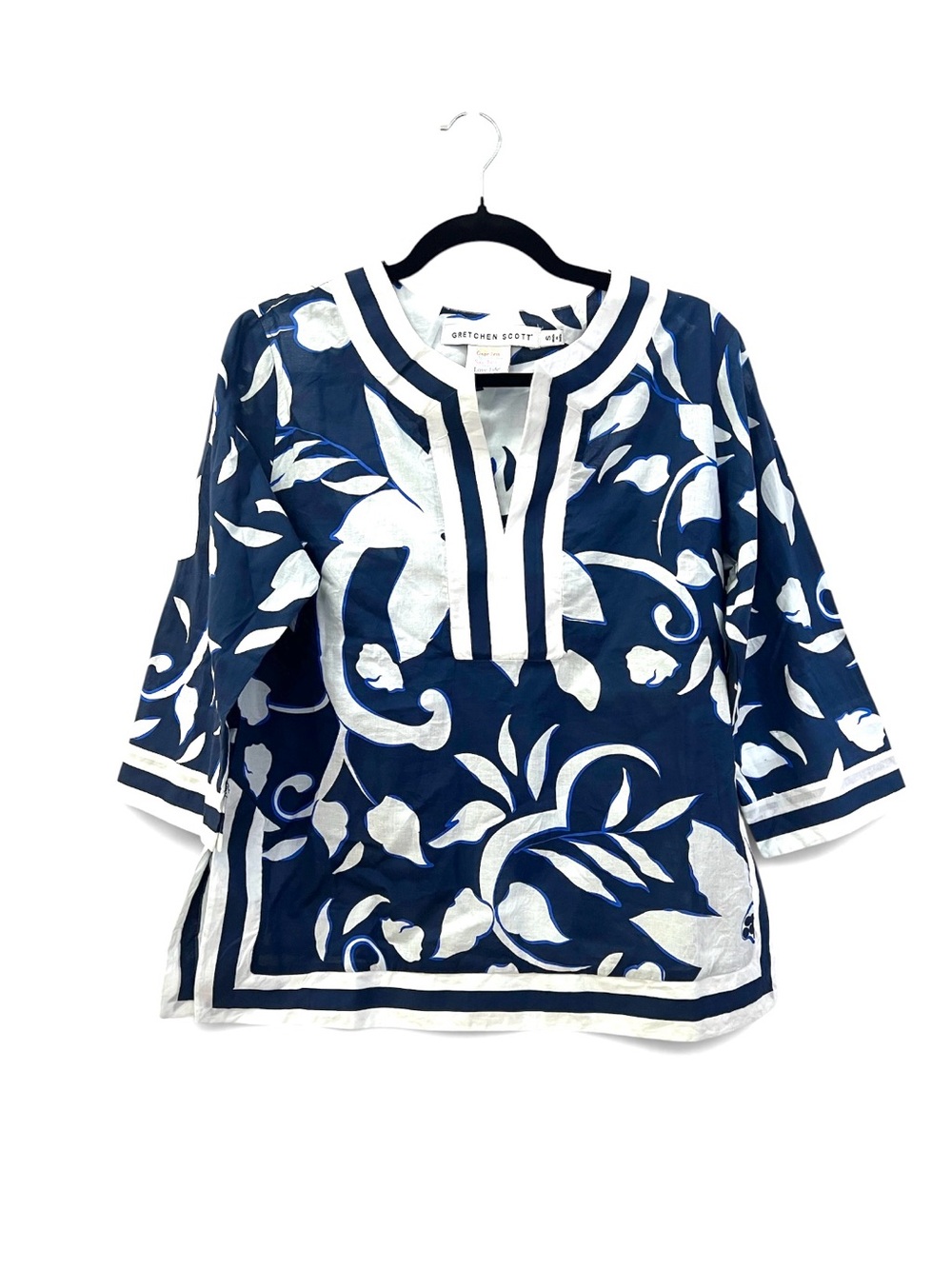 Gretchen Scott Navy Blue & White Botanical Striped Trim Tunic Top S